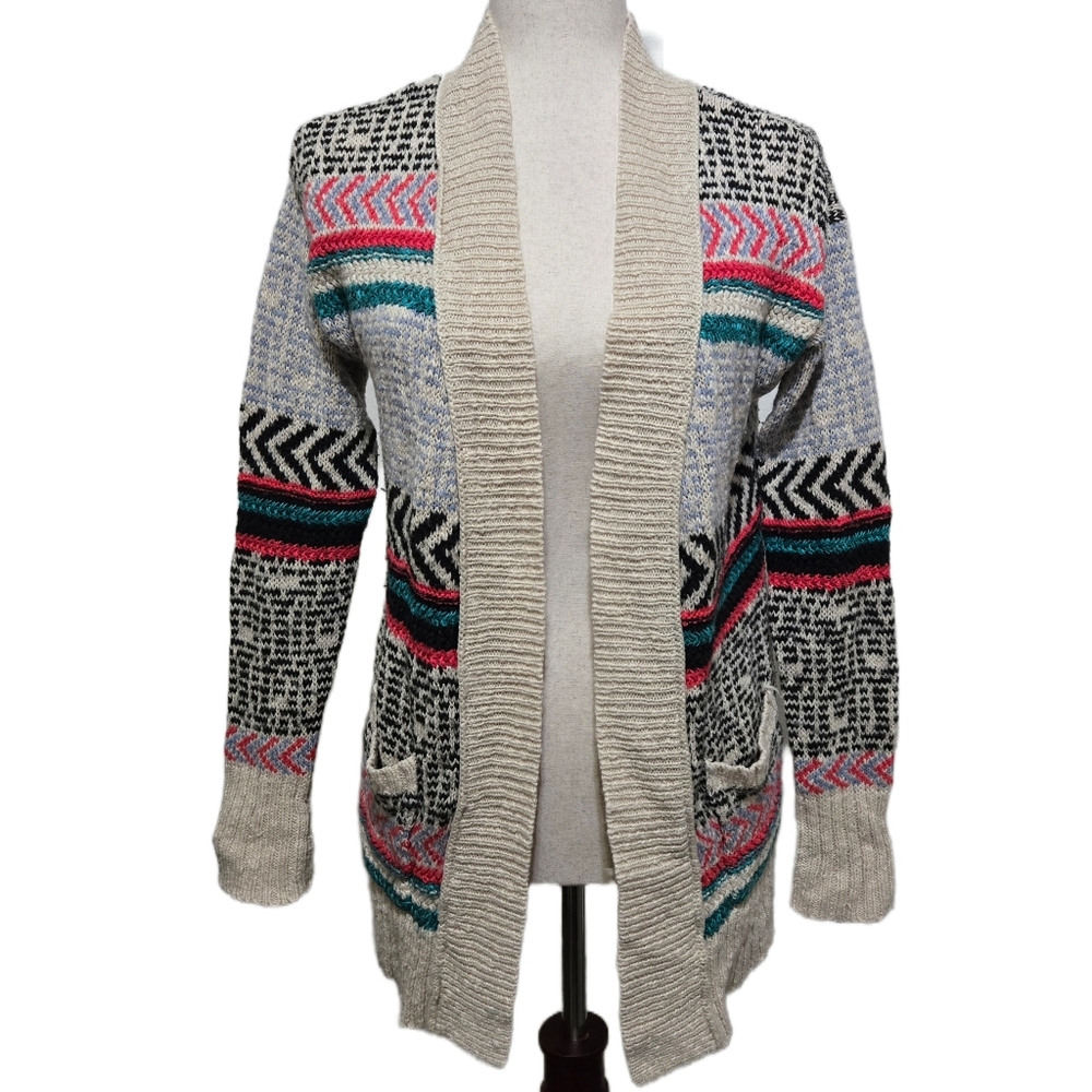 Mossimo Aztec Print Cardigan Sweater Open Front Oatmeal Pink Black Aqua Knit XS